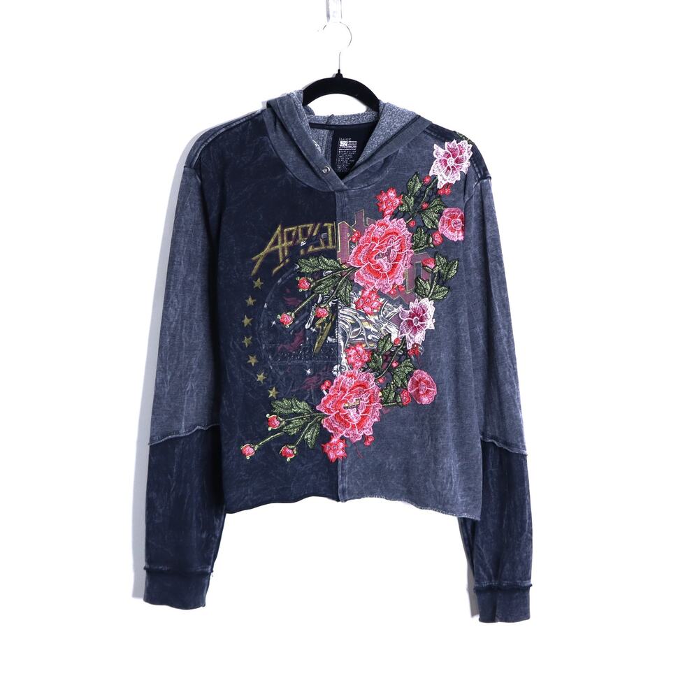 AFFLICTION Hysteria Graphic Hoodie Pullover Acid Black Embroidered Women's L